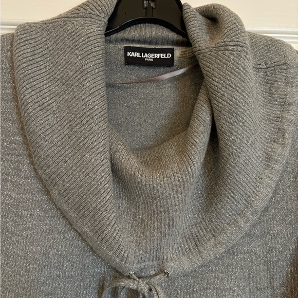 KARL LAGERFELD Sparkly Gray Cowl Turtleneck Sweater with Drawstrings and Pockets - Picture 3 of 8